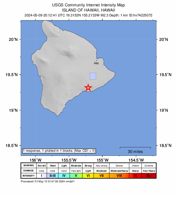 USGS DYFI community-reported intensity map for the M2.3 earthquake near 14 km S of Volcano, Hawaii