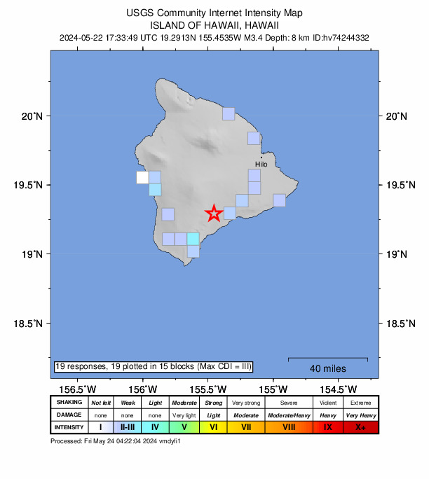 USGS DYFI community-reported intensity map for the M3.4 earthquake near 10 km NNE of Pāhala, Hawaii