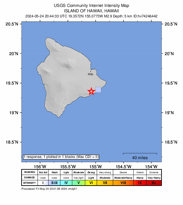 USGS DYFI community-reported intensity map for the M2.9 earthquake near 13 km SSE of Fern Forest, Hawaii