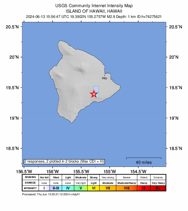 USGS DYFI community-reported intensity map for the M3.3 earthquake near 7 km SW of Volcano, Hawaii
