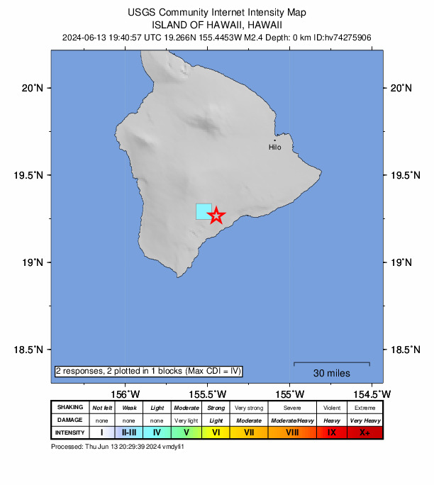 USGS DYFI community-reported intensity map for the M2.4 earthquake near 7 km NNE of Pāhala, Hawaii