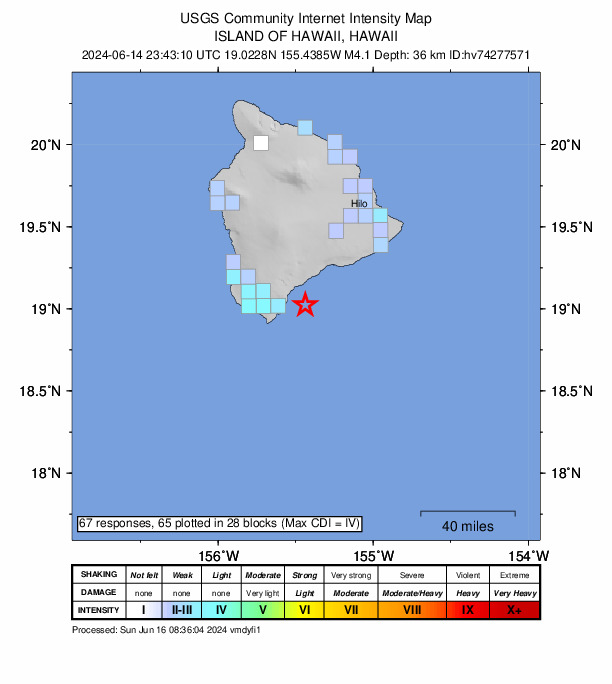 USGS DYFI community-reported intensity map for the M4.1 earthquake near 15 km ESE of Naalehu, Hawaii