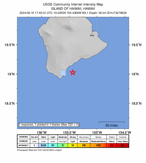 USGS DYFI community-reported intensity map for the M3.1 earthquake near 15 km ESE of Naalehu, Hawaii