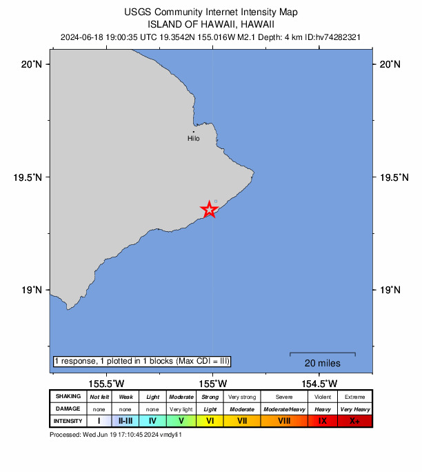USGS DYFI community-reported intensity map for the M2.1 earthquake near 16 km SW of Leilani Estates, Hawaii