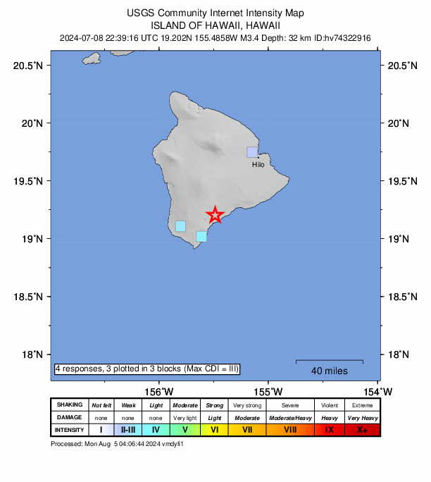 USGS DYFI community-reported intensity map for the M3.4 earthquake near 0 km W of Pāhala, Hawaii
