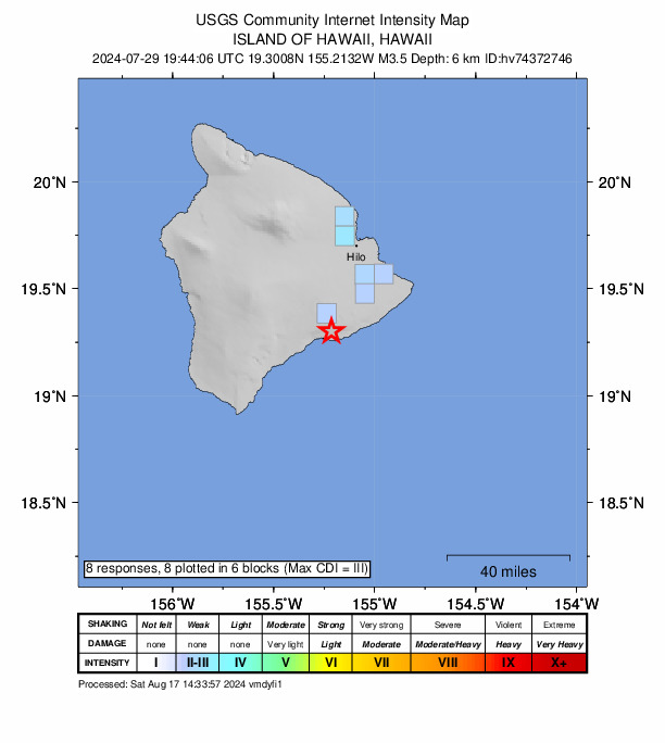 USGS DYFI community-reported intensity map for the M3.5 earthquake near 15 km S of Volcano, Hawaii