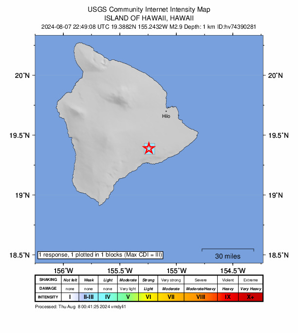 USGS DYFI community-reported intensity map for the M2.9 earthquake near 6 km S of Volcano, Hawaii