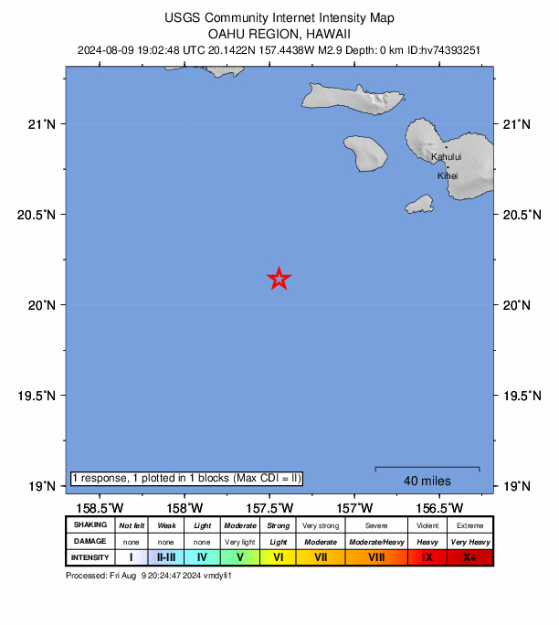 USGS DYFI community-reported intensity map for the M2.9 earthquake near 93 km SW of Lanai City, Hawaii
