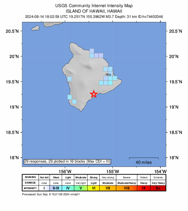 USGS DYFI community-reported intensity map for the M3.7 earthquake near 10 km ENE of Pāhala, Hawaii