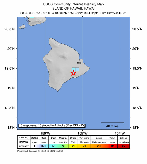 USGS DYFI community-reported intensity map for the M3.4 earthquake near 6 km S of Volcano, Hawaii