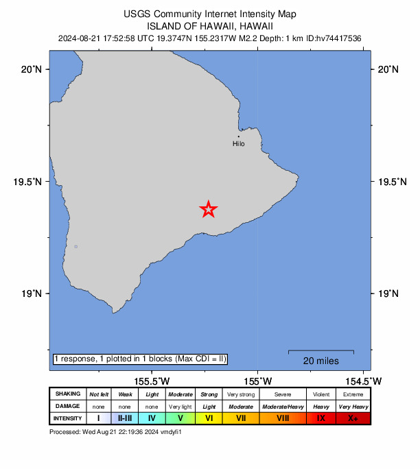 USGS DYFI community-reported intensity map for the M2.2 earthquake near 7 km S of Volcano, Hawaii