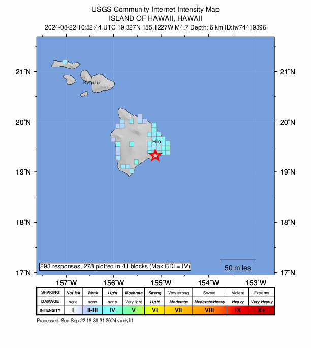 USGS DYFI community-reported intensity map for the M4.7 earthquake near 15 km S of Fern Forest, Hawaii