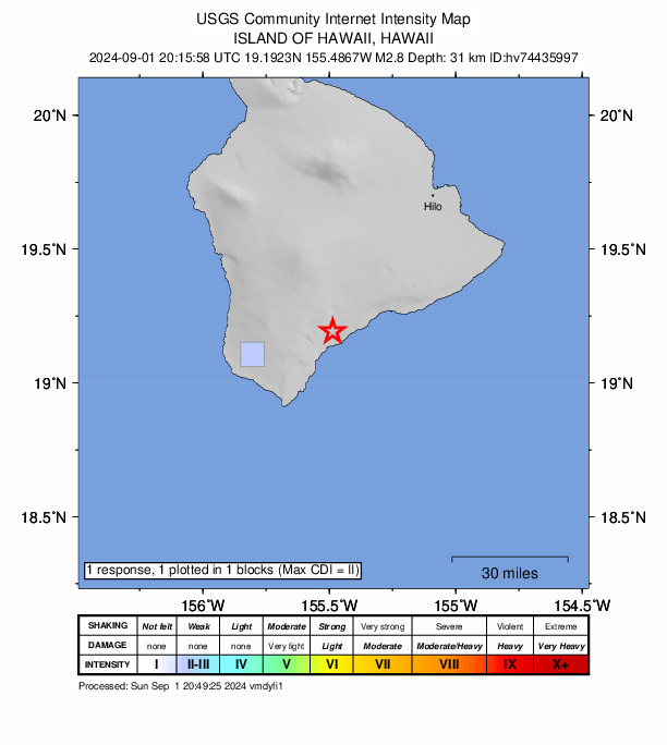 USGS DYFI community-reported intensity map for the M2.8 earthquake near 1 km SW of Pāhala, Hawaii