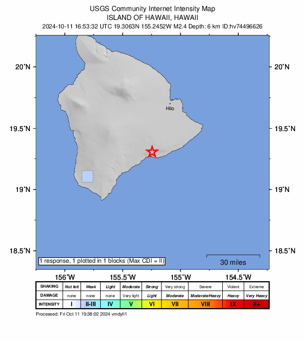 USGS DYFI community-reported intensity map for the M2.4 earthquake near 15 km S of Volcano, Hawaii