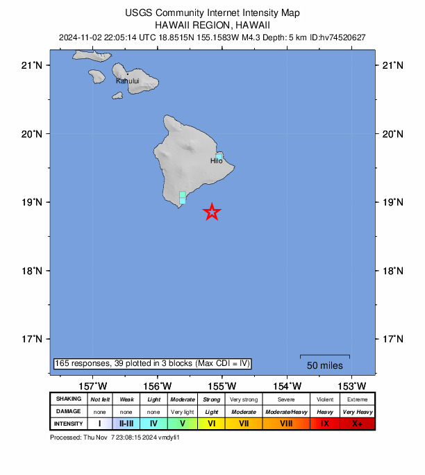 USGS DYFI community-reported intensity map for the M4.3 earthquake near 50 km ESE of Naalehu, Hawaii