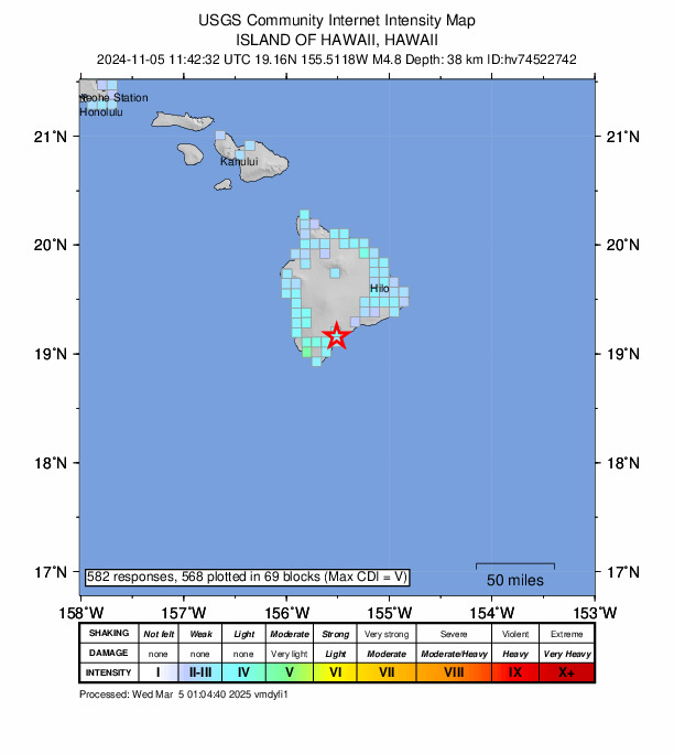 USGS DYFI community-reported intensity map for the M4.8 earthquake near 5 km SW of Pāhala, Hawaii
