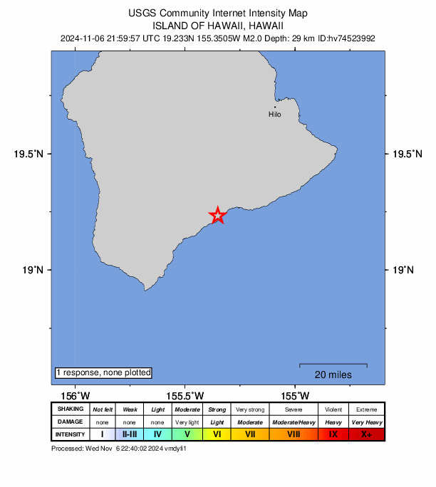 USGS DYFI community-reported intensity map for the M2.0 earthquake near 13 km ENE of Pāhala, Hawaii