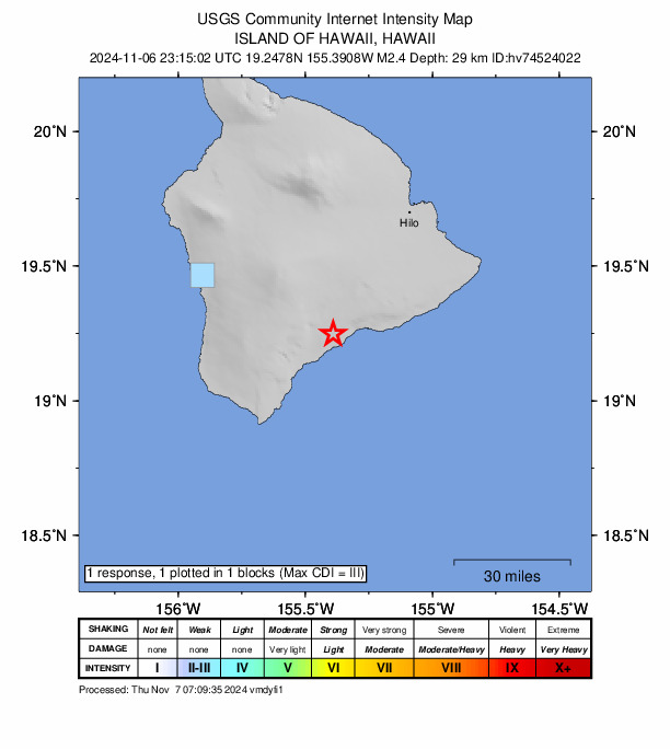USGS DYFI community-reported intensity map for the M2.2 earthquake near 10 km ENE of Pāhala, Hawaii
