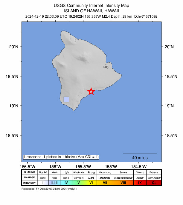 USGS DYFI community-reported intensity map for the M2.4 earthquake near 13 km ENE of Pāhala, Hawaii