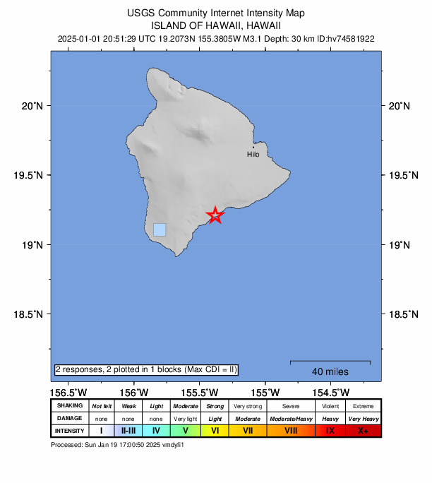 USGS DYFI community-reported intensity map for the M3.1 earthquake near 10 km E of Pāhala, Hawaii