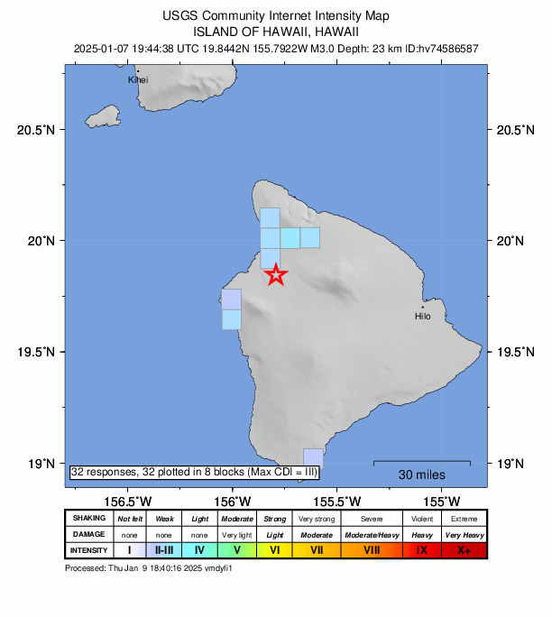 USGS DYFI community-reported intensity map for the M3.0 earthquake near 10 km S of Waikoloa, Hawaii