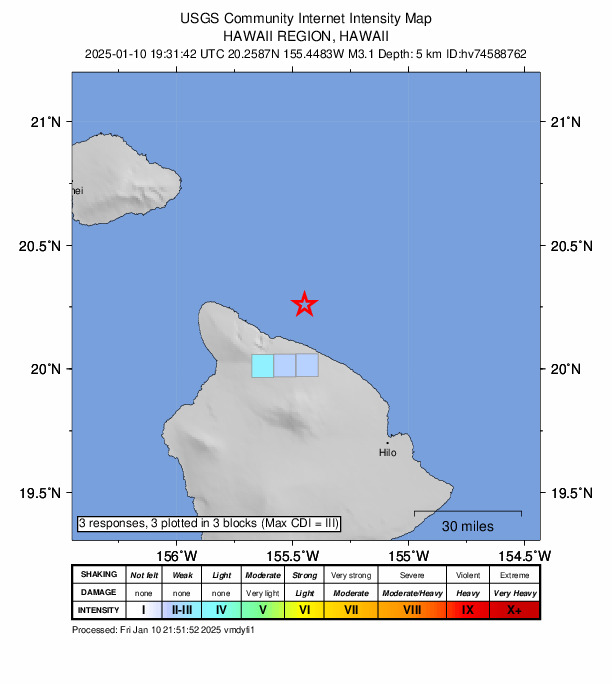 USGS DYFI community-reported intensity map for the M3.1 earthquake near 19 km NE of Kukuihaele, Hawaii