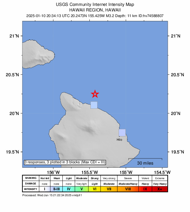USGS DYFI community-reported intensity map for the M3.2 earthquake near 19 km NNE of Honoka‘a, Hawaii