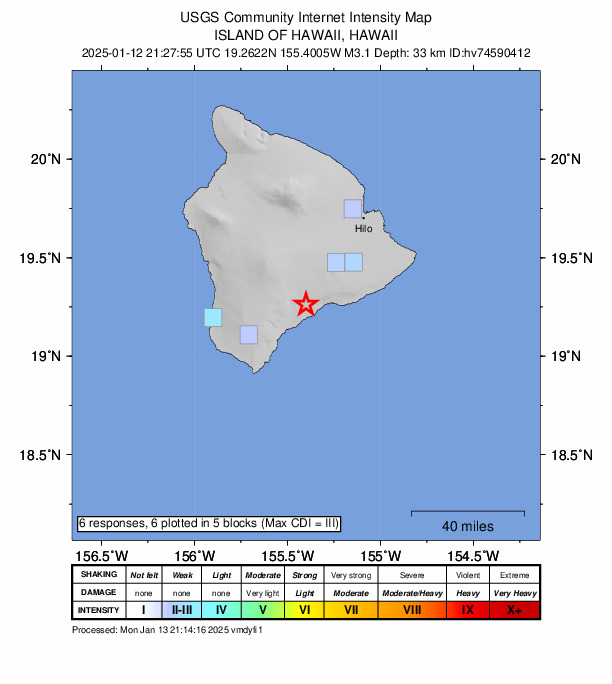 USGS DYFI community-reported intensity map for the M3.1 earthquake near 10 km NE of Pāhala, Hawaii
