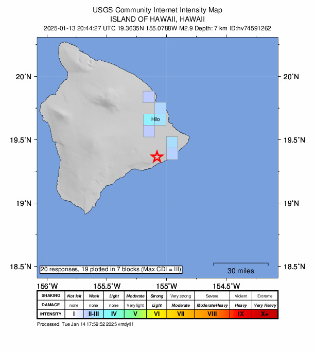 USGS DYFI community-reported intensity map for the M2.9 earthquake near 12 km SSE of Fern Forest, Hawaii