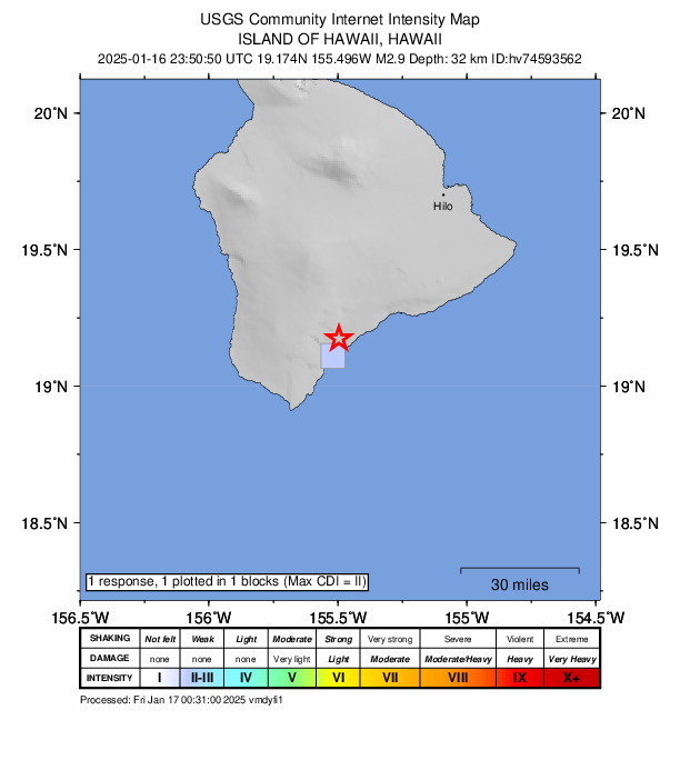 USGS DYFI community-reported intensity map for the M2.9 earthquake near 3 km SSW of Pāhala, Hawaii
