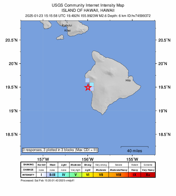 USGS DYFI community-reported intensity map for the M2.6 earthquake near 7 km W of Captain Cook, Hawaii