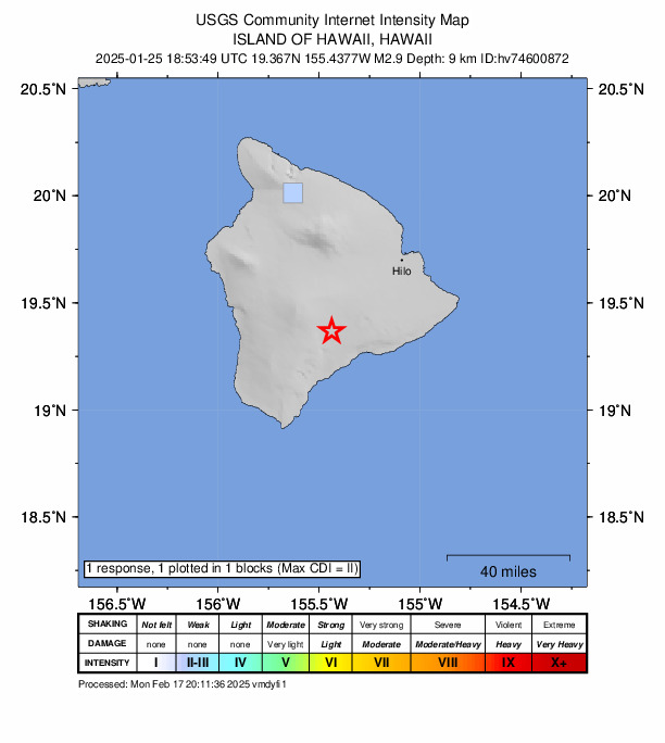 USGS DYFI community-reported intensity map for the M2.9 earthquake near 18 km NNE of Pāhala, Hawaii