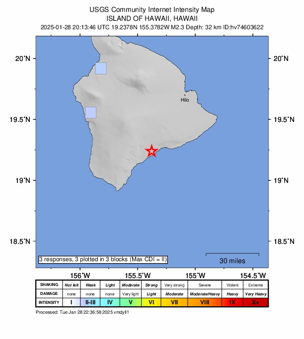 USGS DYFI community-reported intensity map for the M2.3 earthquake near 11 km ENE of Pāhala, Hawaii