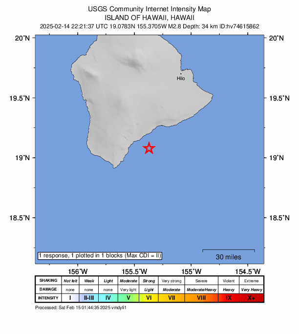 USGS DYFI community-reported intensity map for the M2.8 earthquake near 17 km SE of Pāhala, Hawaii