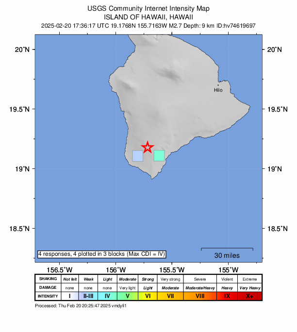 USGS DYFI community-reported intensity map for the M2.7 earthquake near 13 km NNE of Hawaiian Ocean View, Hawaii