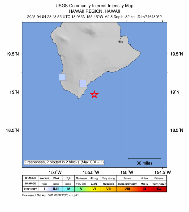 USGS DYFI community-reported intensity map for the M2.8 earthquake near 17 km SE of Naalehu, Hawaii
