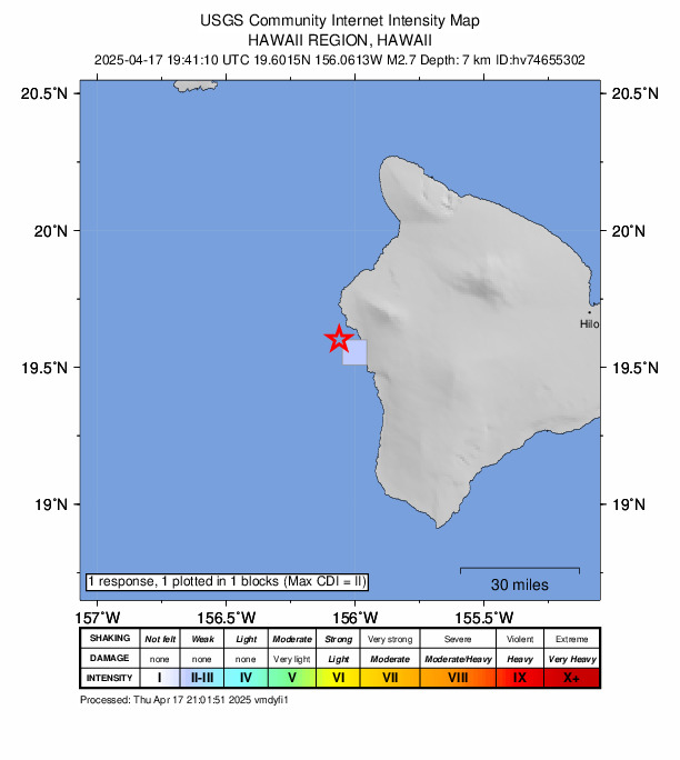 USGS DYFI community-reported intensity map for the M2.7 earthquake near 7 km WSW of Kailua-Kona, Hawaii