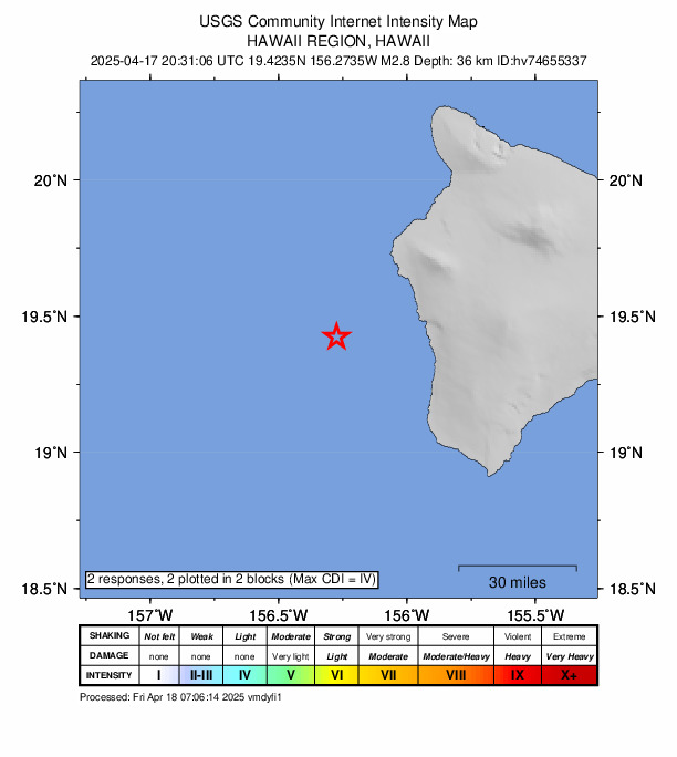 USGS DYFI community-reported intensity map for the M2.8 earthquake near 36 km WSW of Kahaluu-Keauhou, Hawaii