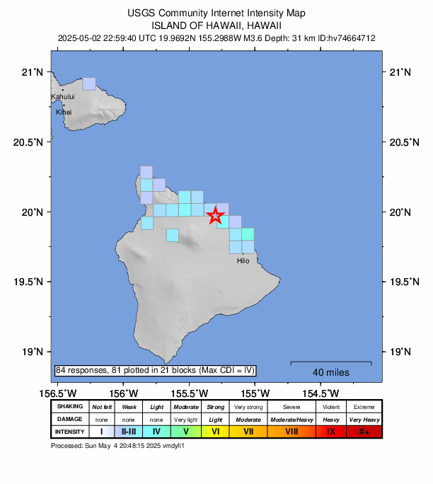USGS DYFI community-reported intensity map for the M3.6 earthquake near 6 km WSW of Laupāhoehoe, Hawaii