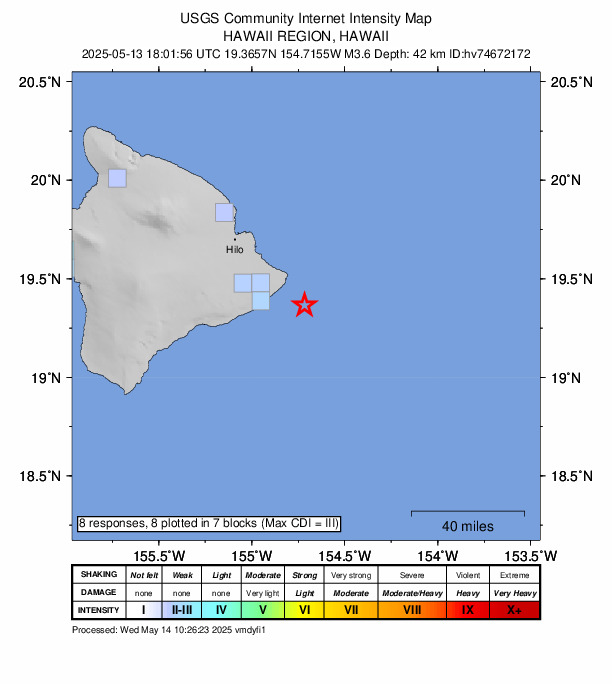 USGS DYFI community-reported intensity map for the M3.6 earthquake near 24 km ESE of Leilani Estates, Hawaii