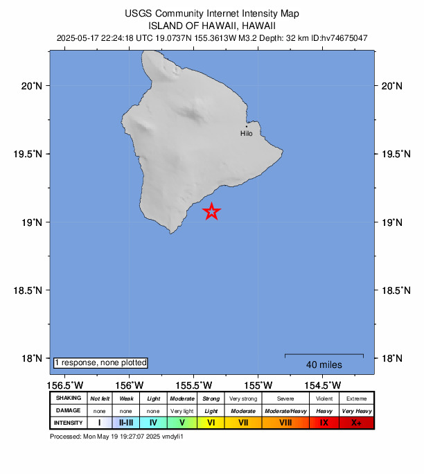 USGS DYFI community-reported intensity map for the M3.2 earthquake near 18 km SE of Pāhala, Hawaii