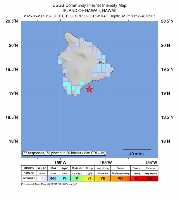 USGS DYFI community-reported intensity map for the M4.2 earthquake near 18 km SE of Pāhala, Hawaii