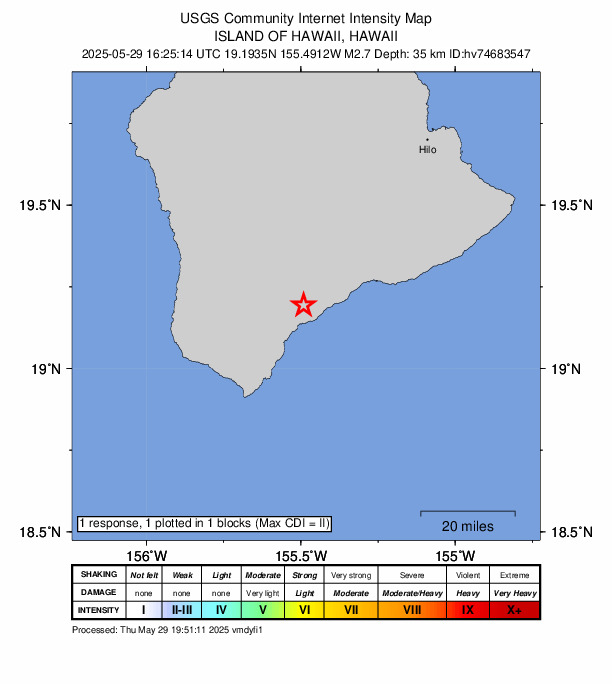 USGS DYFI community-reported intensity map for the M2.7 earthquake near 1 km SW of Pāhala, Hawaii