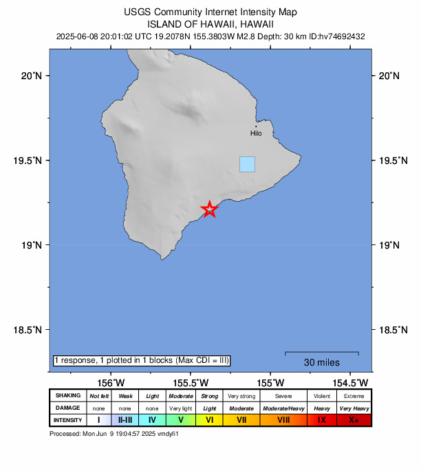 USGS DYFI community-reported intensity map for the M2.8 earthquake near 10 km E of Pāhala, Hawaii