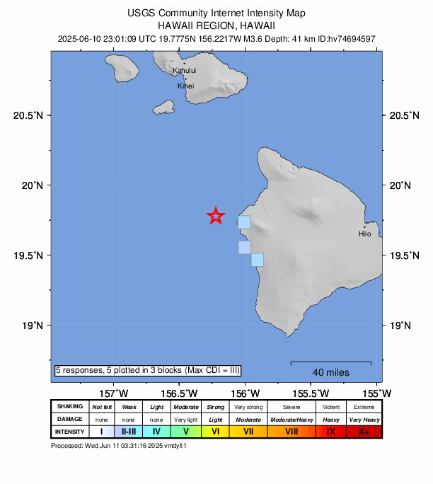 USGS DYFI community-reported intensity map for the M3.6 earthquake near 25 km WNW of Kalaoa, Hawaii