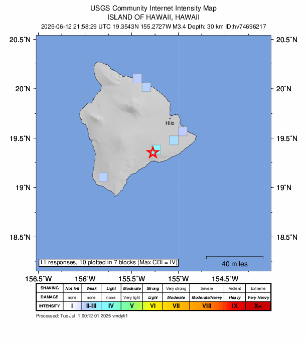 USGS DYFI community-reported intensity map for the M3.4 earthquake near 10 km SSW of Volcano, Hawaii