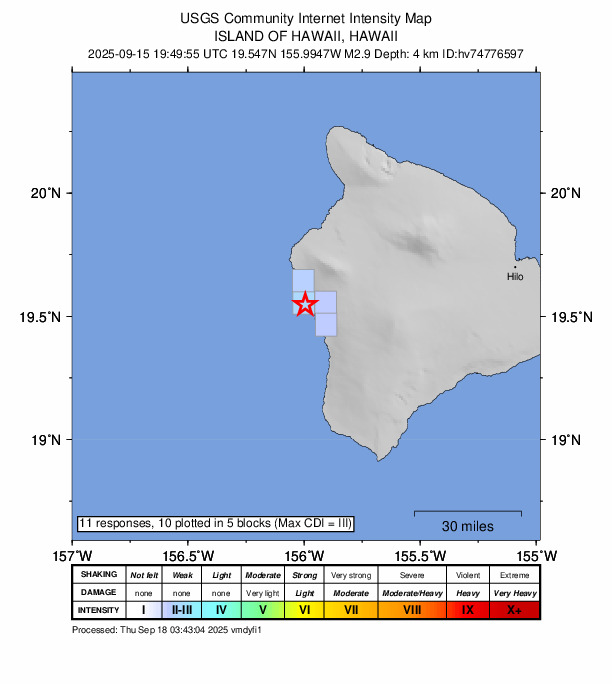 USGS DYFI community-reported intensity map for the M2.9 earthquake near 4 km SW of Kahaluu-Keauhou, Hawaii