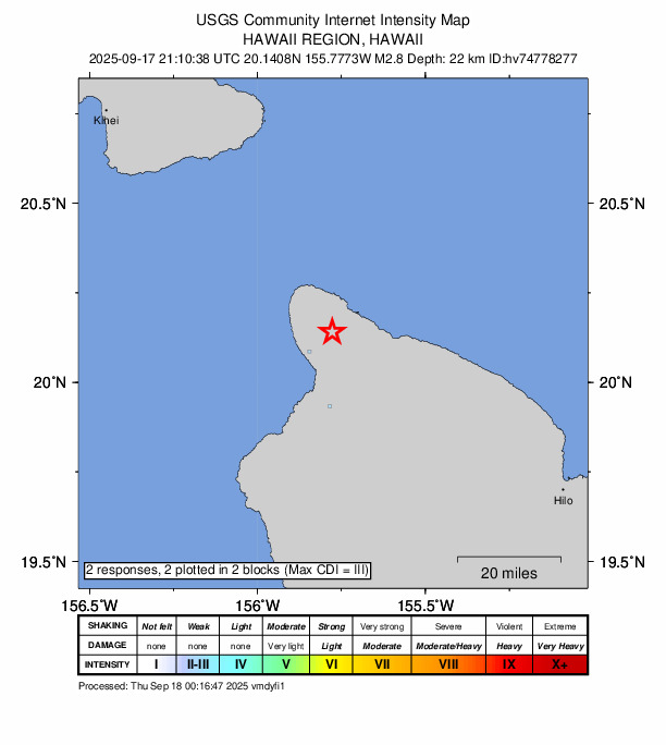 USGS DYFI community-reported intensity map for the M2.8 earthquake near 10 km SSE of Kapaau, Hawaii