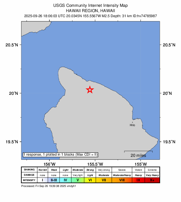 USGS DYFI community-reported intensity map for the M2.5 earthquake near 9 km S of Kukuihaele, Hawaii