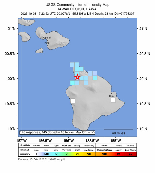 USGS DYFI community-reported intensity map for the M3.4 earthquake near 6 km NNE of Puako, Hawaii